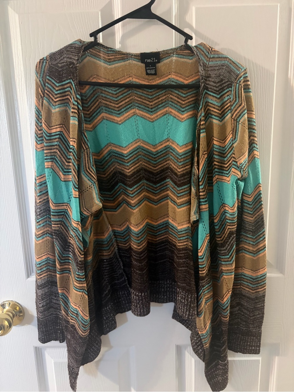 Rue21 Chevron Open-Front Cardigan in Teal and Tan